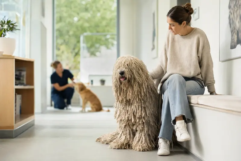 Ein Komondor sitzt ruhig neben seinem Besitzer im hellen Wartezimmer einer modernen Tierarztpraxis.